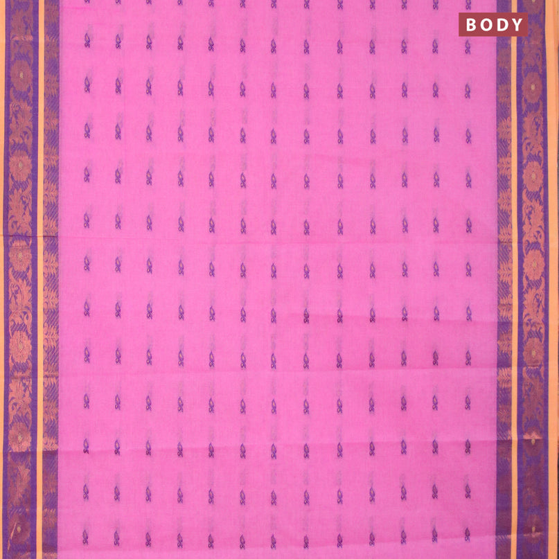 Bengal cotton saree pink and blue with thread & zari woven buttas and copper zari woven border without blouse