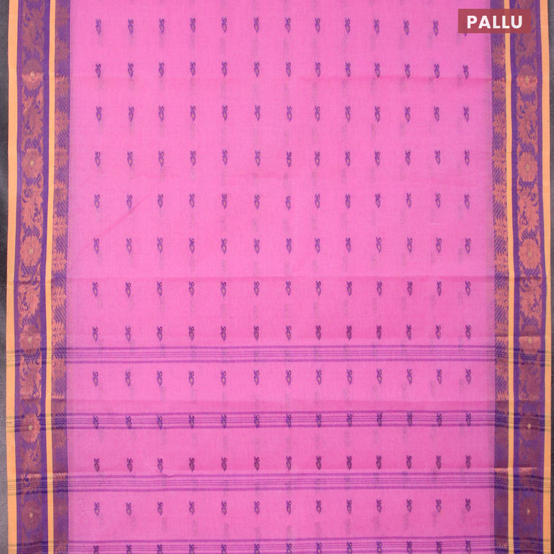 Bengal cotton saree pink and blue with thread & zari woven buttas and copper zari woven border without blouse