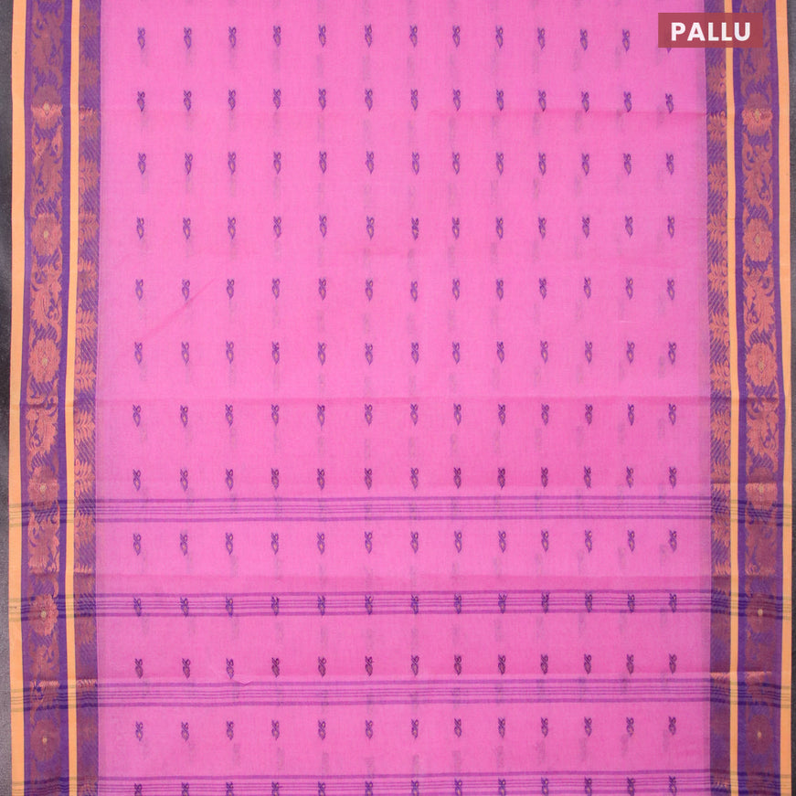 Bengal cotton saree pink and blue with thread & zari woven buttas and copper zari woven border without blouse