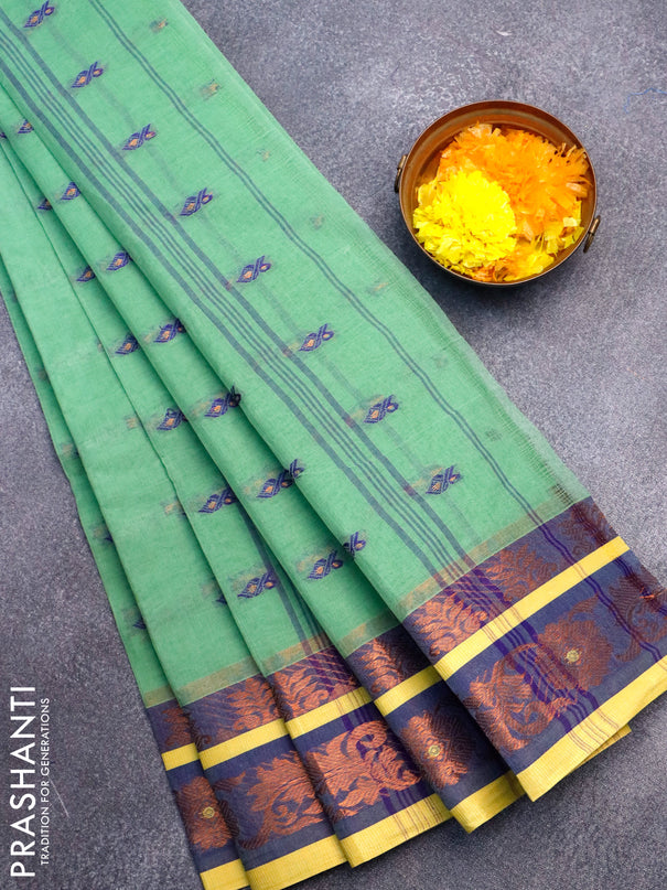 Bengal cotton saree green shade and blue with thread & zari woven buttas and copper zari woven border without blouse