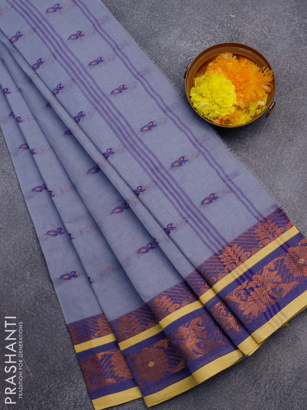 Bengal cotton saree grey shade with thread & zari woven buttas and copper zari woven border without blouse