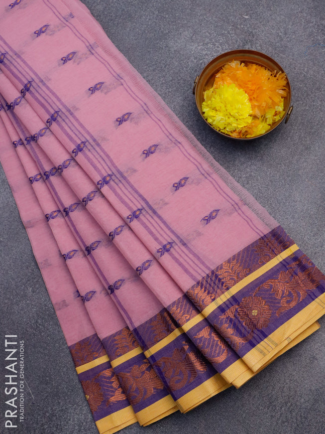 Bengal cotton saree light pink and yellow with thread & zari woven buttas and copper zari woven border without blouse