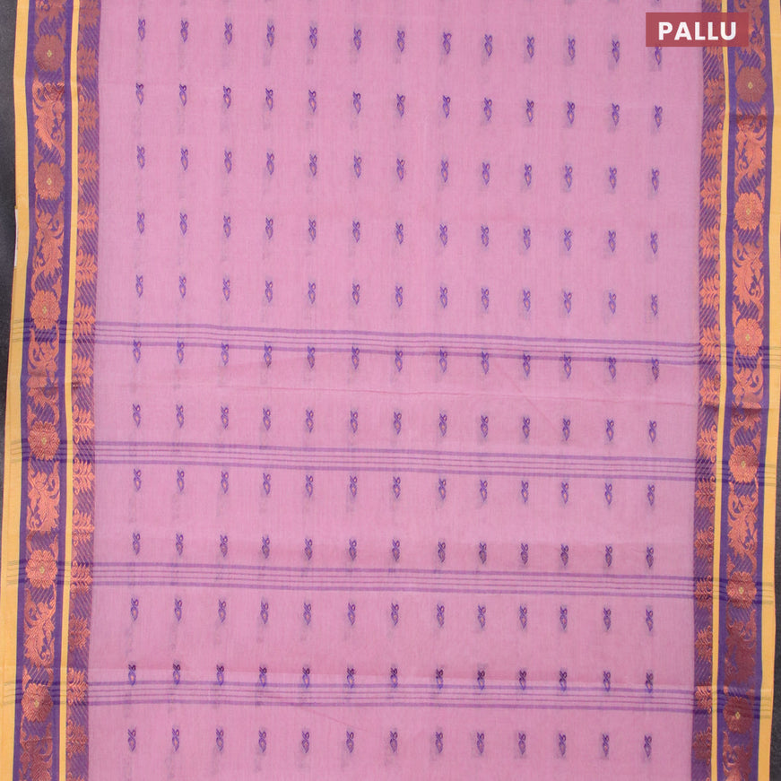 Bengal cotton saree light pink and yellow with thread & zari woven buttas and copper zari woven border without blouse