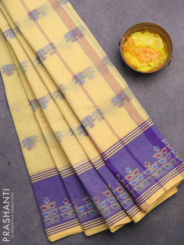 Bengal cotton saree yellow and blue with allover thread weaves and thread woven border without blouse