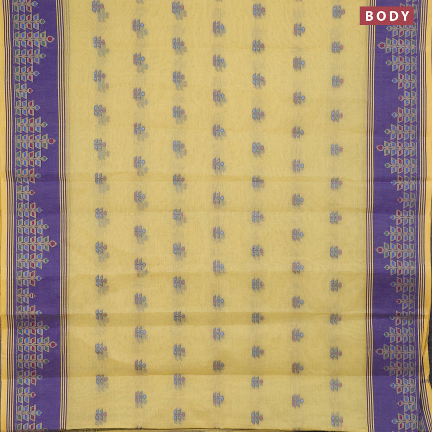 Bengal cotton saree yellow and blue with allover thread weaves and thread woven border without blouse