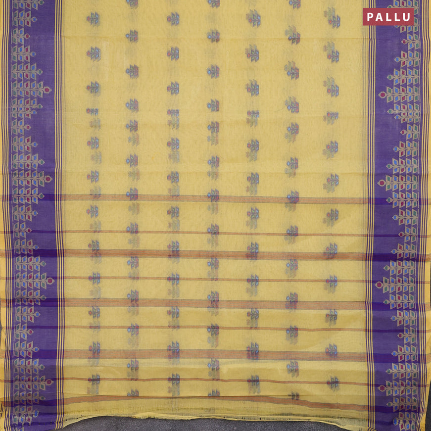 Bengal cotton saree yellow and blue with allover thread weaves and thread woven border without blouse