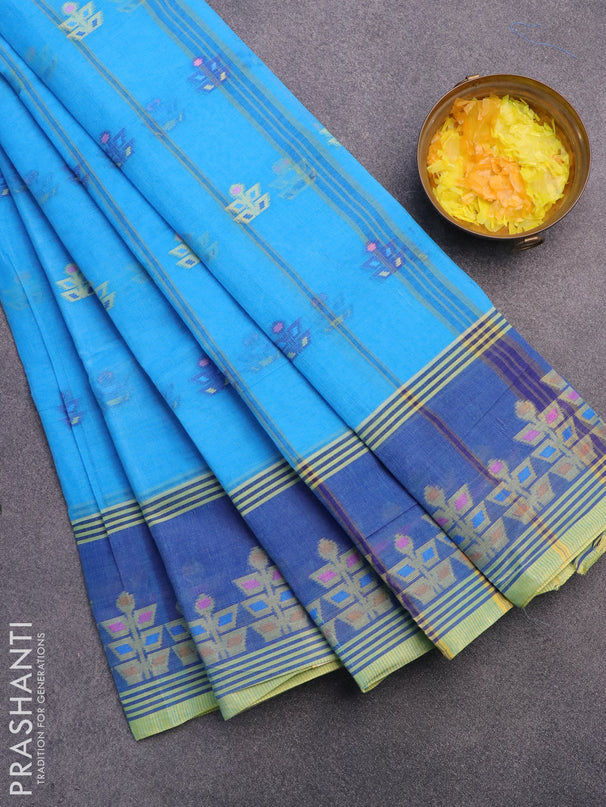 Bengal cotton saree cs blue and blue with allover thread weaves and thread woven border without blouse