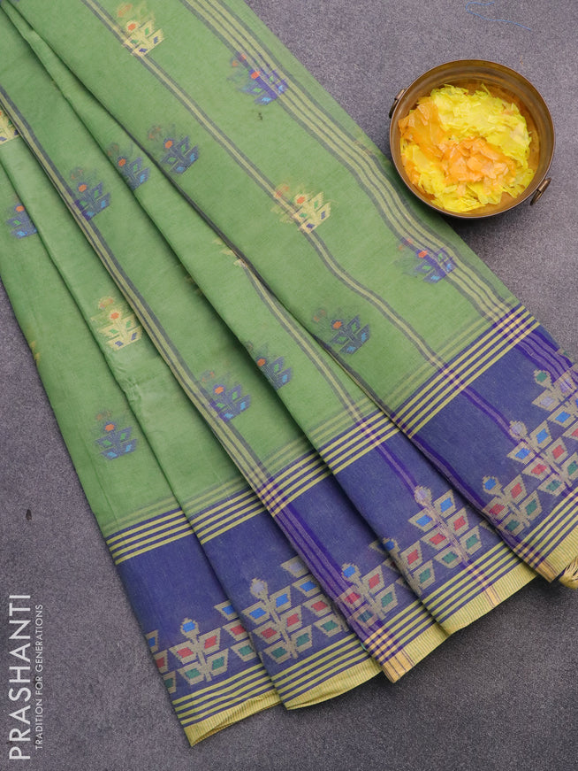 Bengal cotton saree green shade and blue with allover thread weaves and thread woven border without blouse