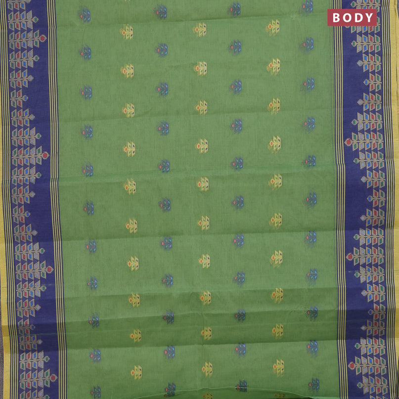 Bengal cotton saree green shade and blue with allover thread weaves and thread woven border without blouse