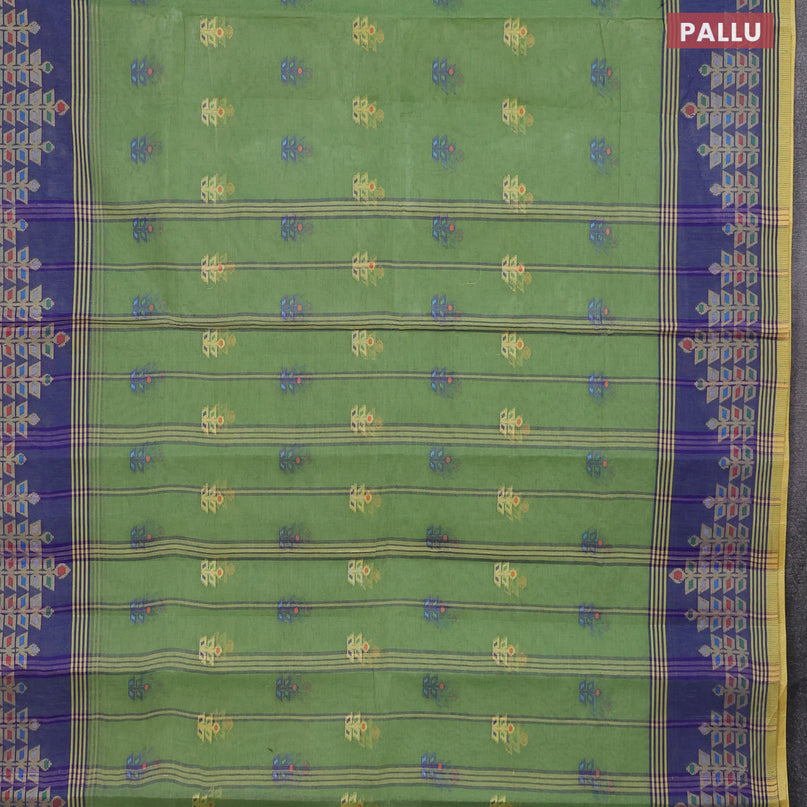 Bengal cotton saree green shade and blue with allover thread weaves and thread woven border without blouse