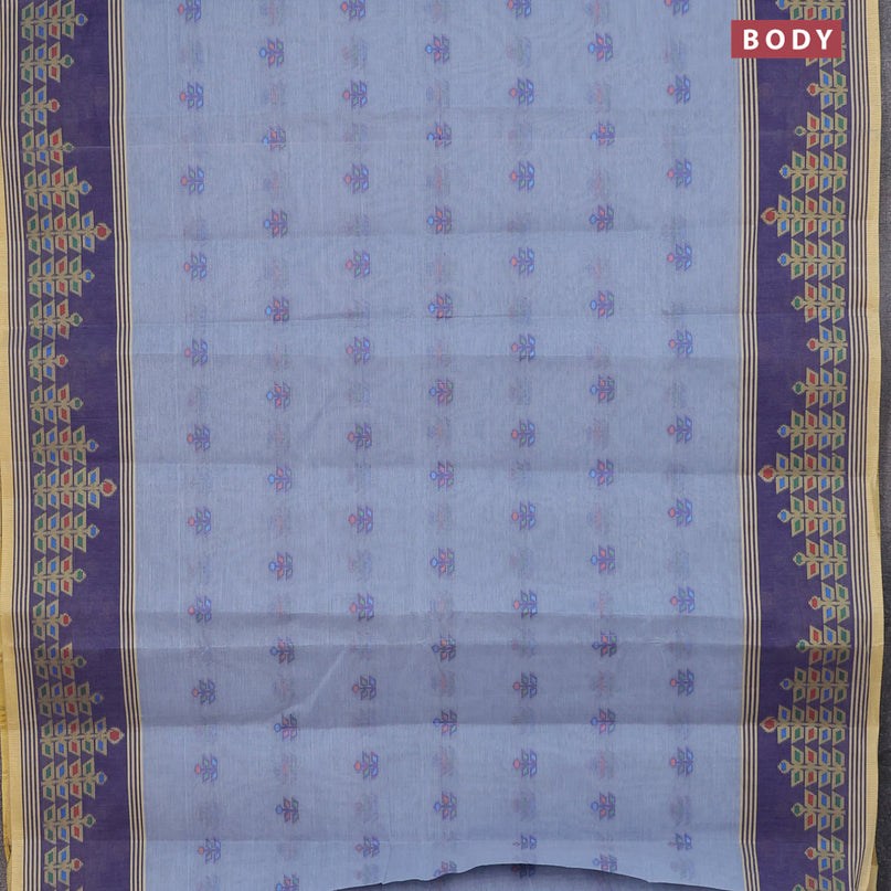 Bengal cotton saree bluish grey and blue with allover thread weaves and thread woven border without blouse