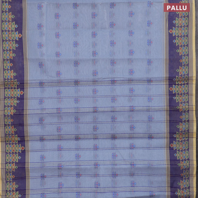 Bengal cotton saree bluish grey and blue with allover thread weaves and thread woven border without blouse