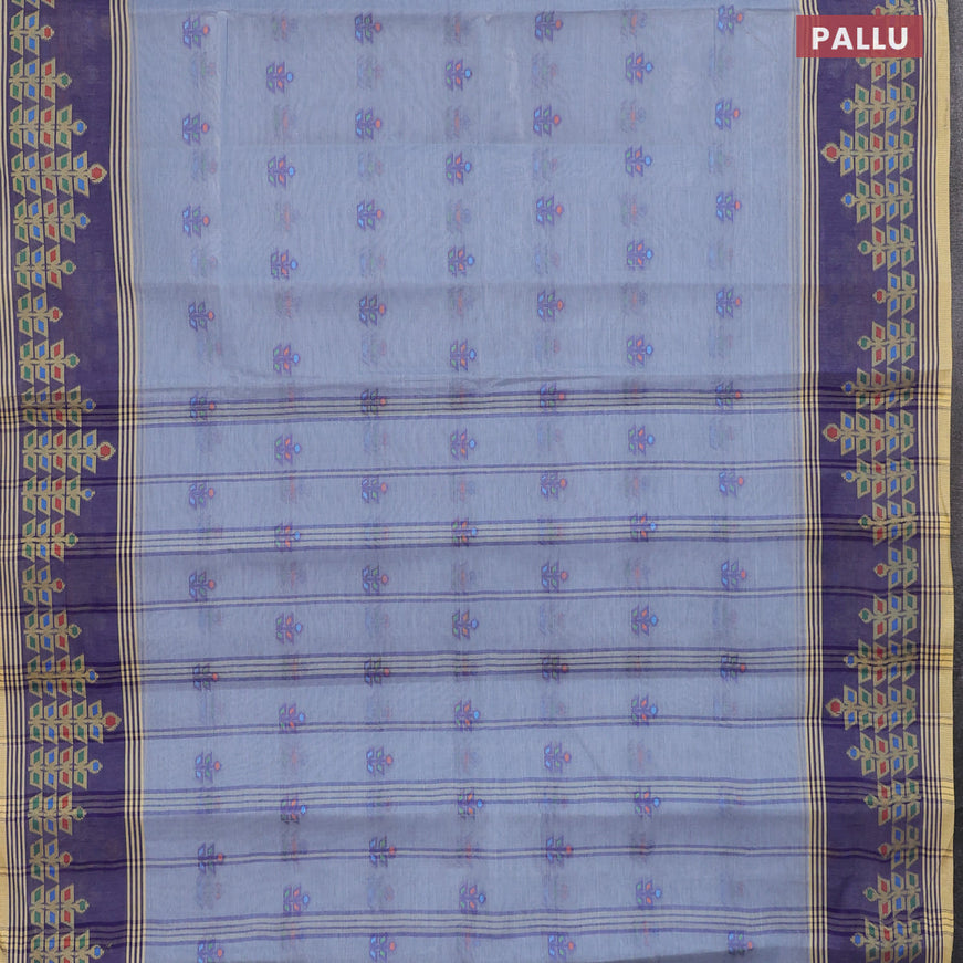 Bengal cotton saree bluish grey and blue with allover thread weaves and thread woven border without blouse