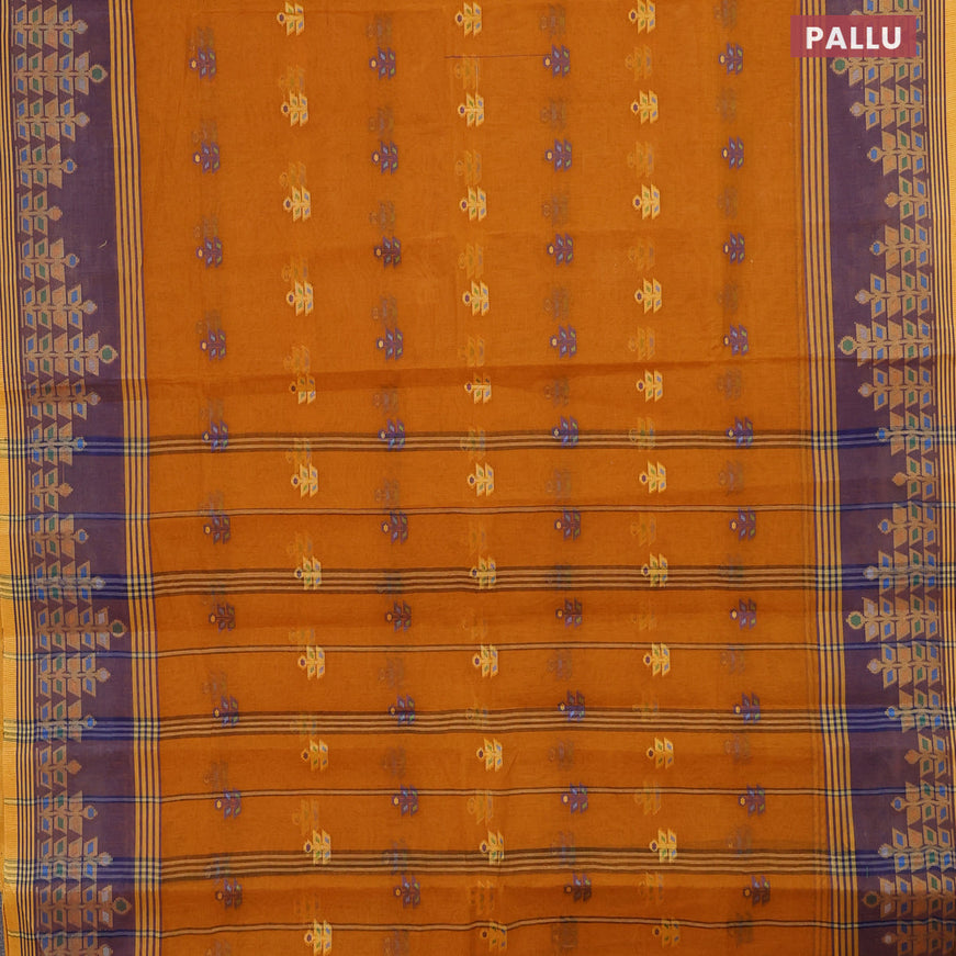 Bengal cotton saree mustard yellow and blue with allover thread weaves and thread woven border without blouse