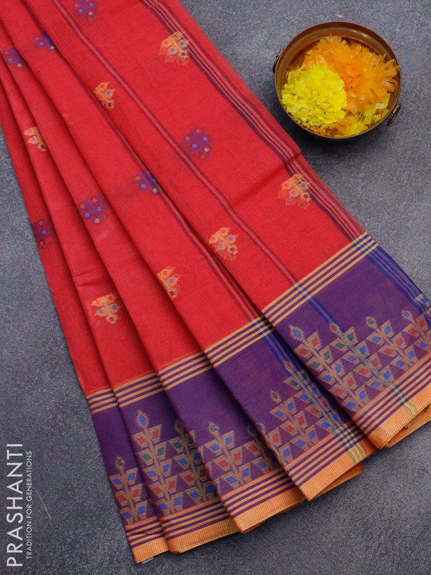 Bengal cotton saree pink and blue with allover thread weaves and thread woven border without blouse