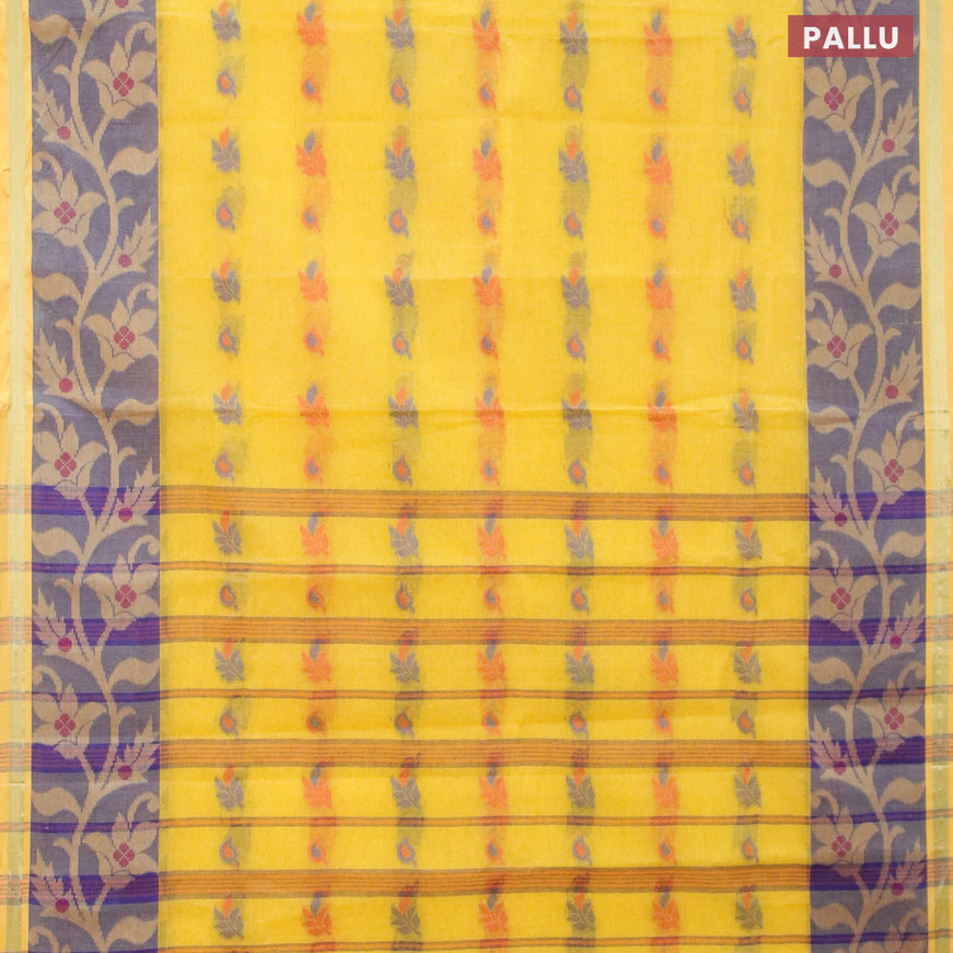 Bengal cotton saree yellow and blue with allover thread weaves and thread woven border without blouse