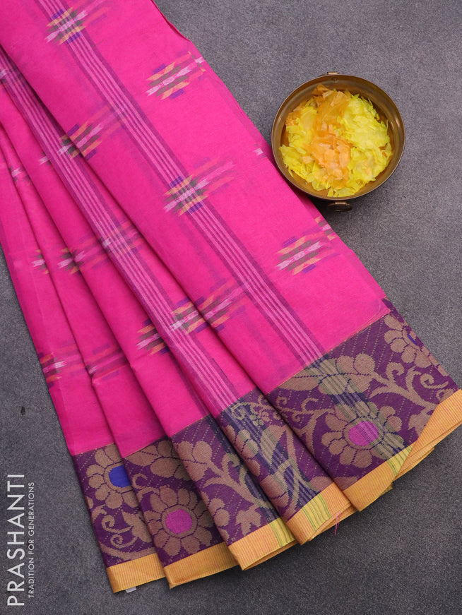 Bengal cotton saree pink and blue with thread woven buttas and thread woven border without blouse