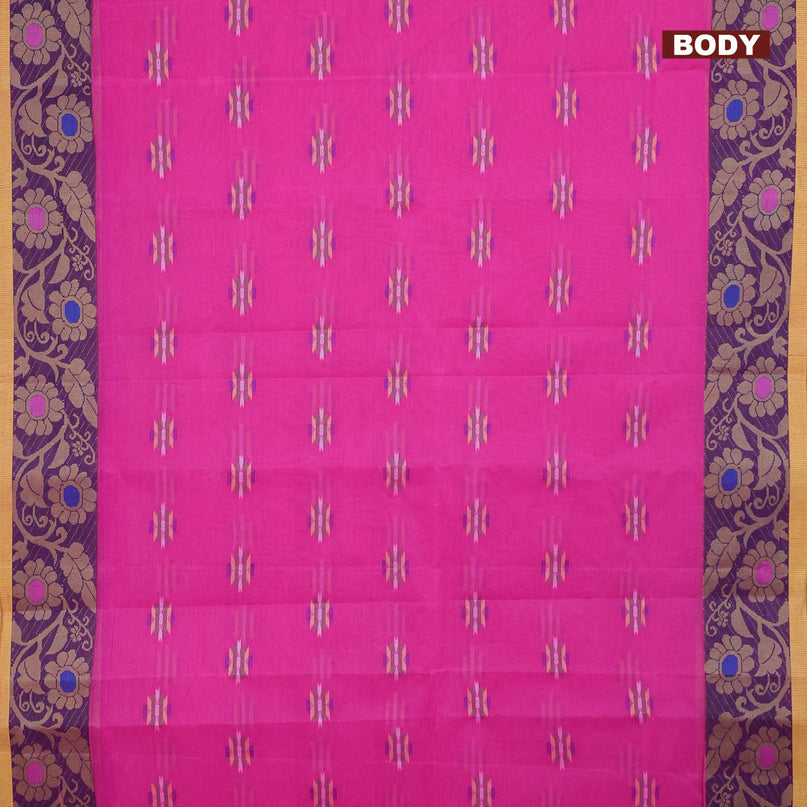 Bengal cotton saree pink and blue with thread woven buttas and thread woven border without blouse