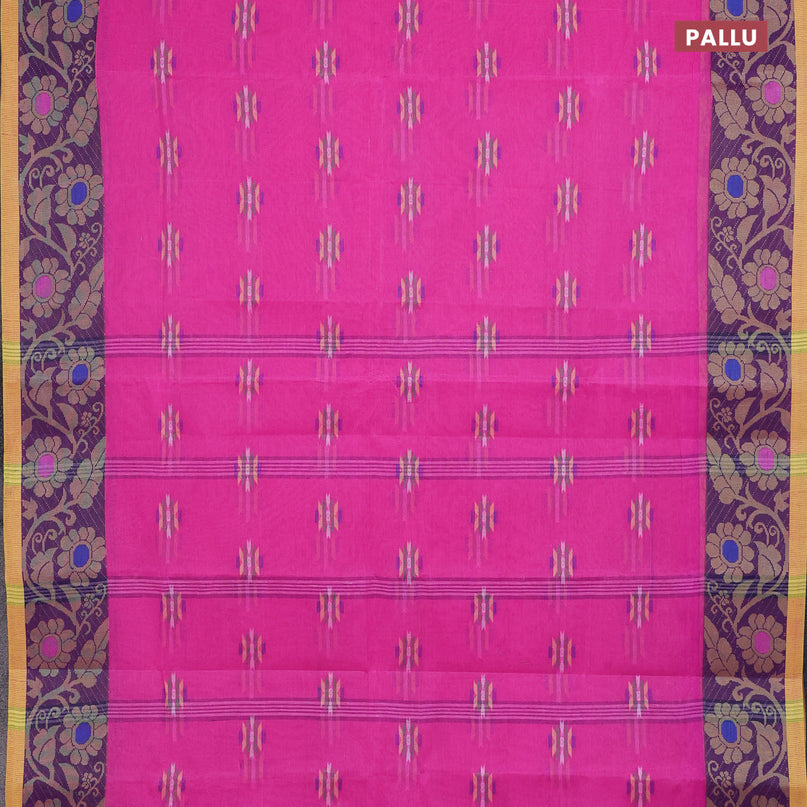 Bengal cotton saree pink and blue with thread woven buttas and thread woven border without blouse