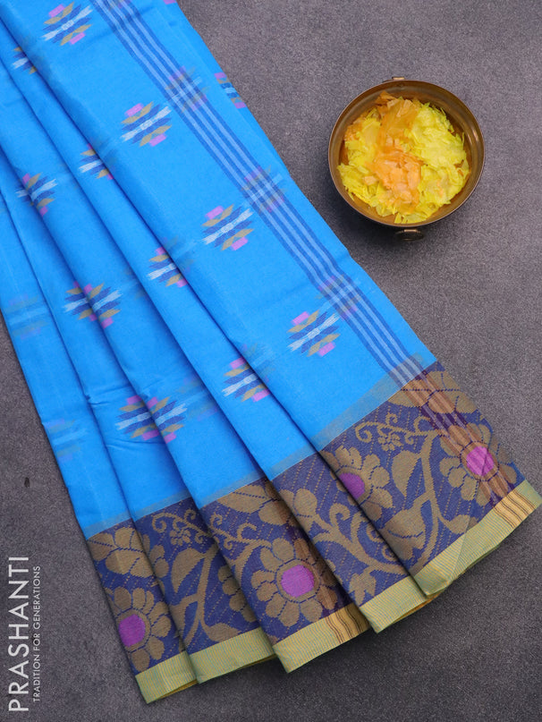 Bengal cotton saree cs blue and blue with thread woven buttas and thread woven border without blouse