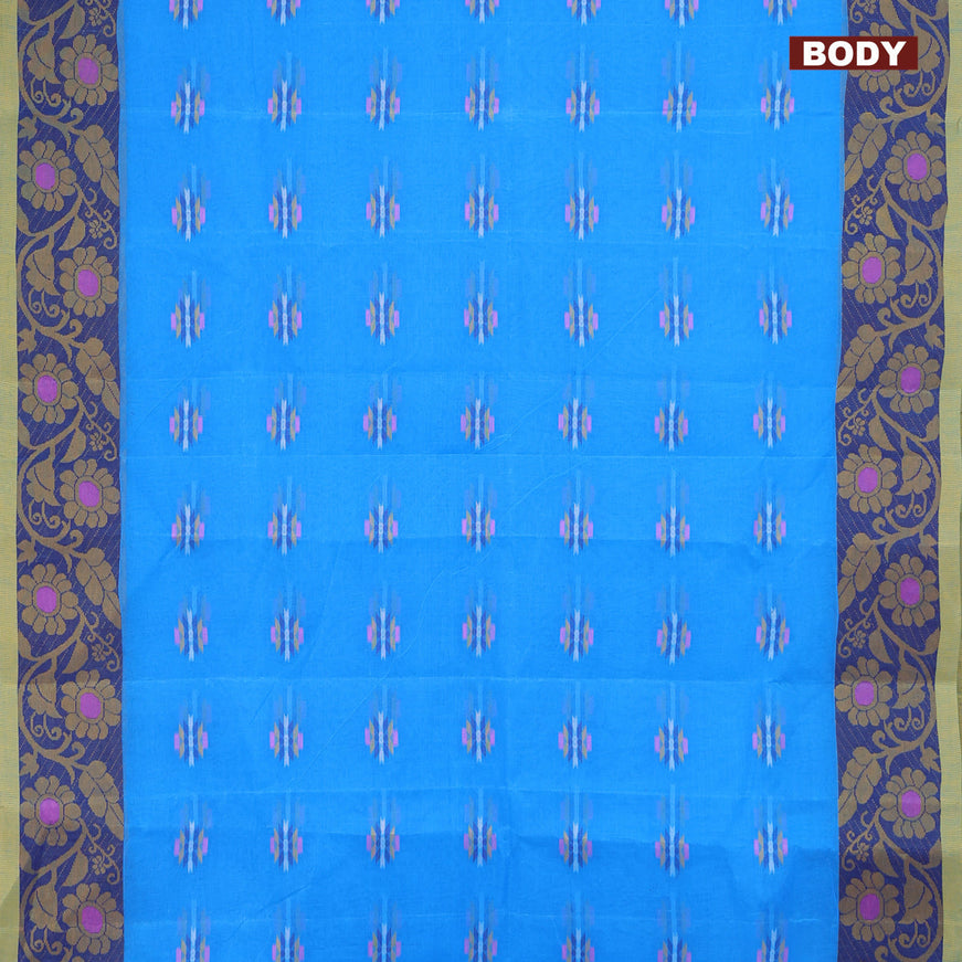 Bengal cotton saree cs blue and blue with thread woven buttas and thread woven border without blouse