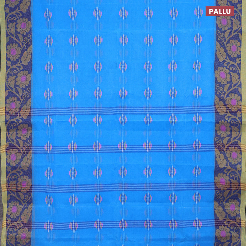 Bengal cotton saree cs blue and blue with thread woven buttas and thread woven border without blouse