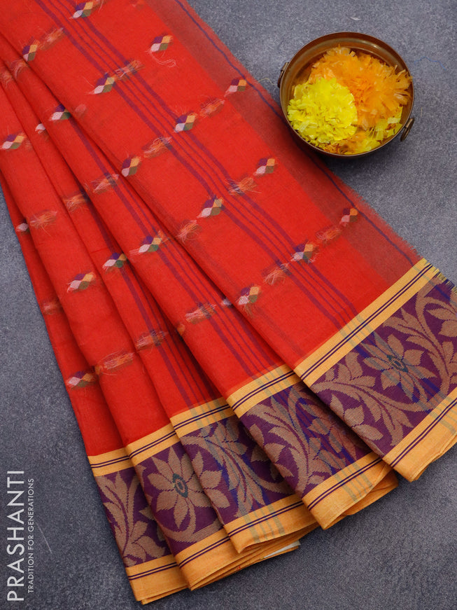 Bengal cotton saree red and yellow with thread woven buttas and thread woven border without blouse