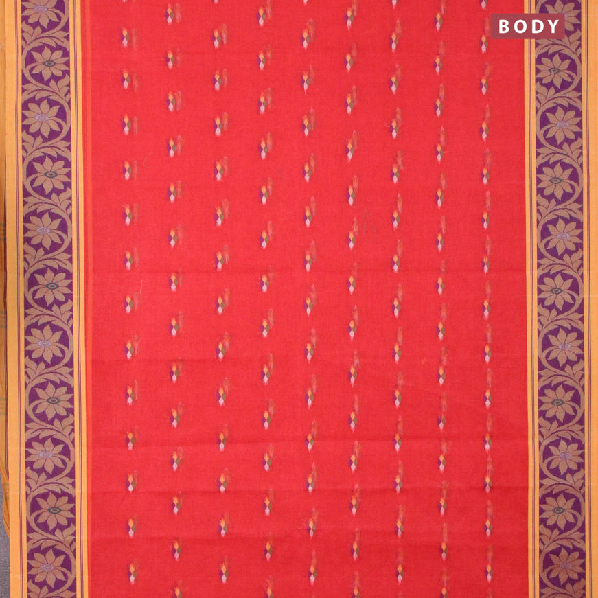 Bengal cotton saree red and yellow with thread woven buttas and thread woven border without blouse