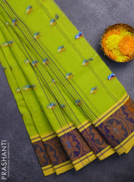 Bengal cotton saree fluorescent green and yellow with thread woven buttas and thread woven border without blouse