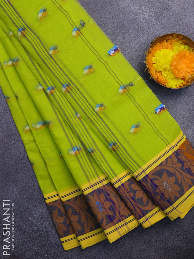 Bengal cotton saree fluorescent green and yellow with thread woven buttas and thread woven border without blouse