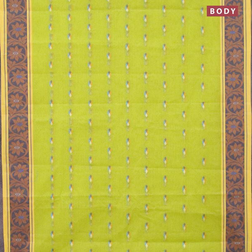 Bengal cotton saree fluorescent green and yellow with thread woven buttas and thread woven border without blouse