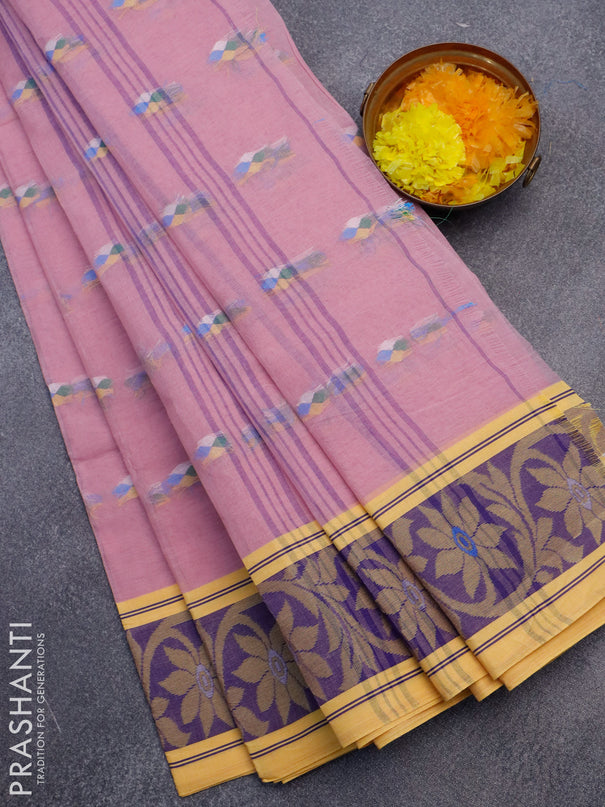 Bengal cotton saree pastel pink and yellow with thread woven buttas and thread woven border without blouse