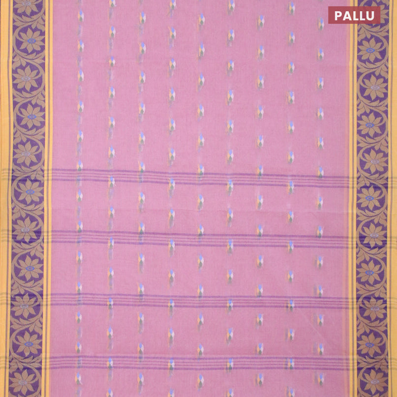 Bengal cotton saree pastel pink and yellow with thread woven buttas and thread woven border without blouse