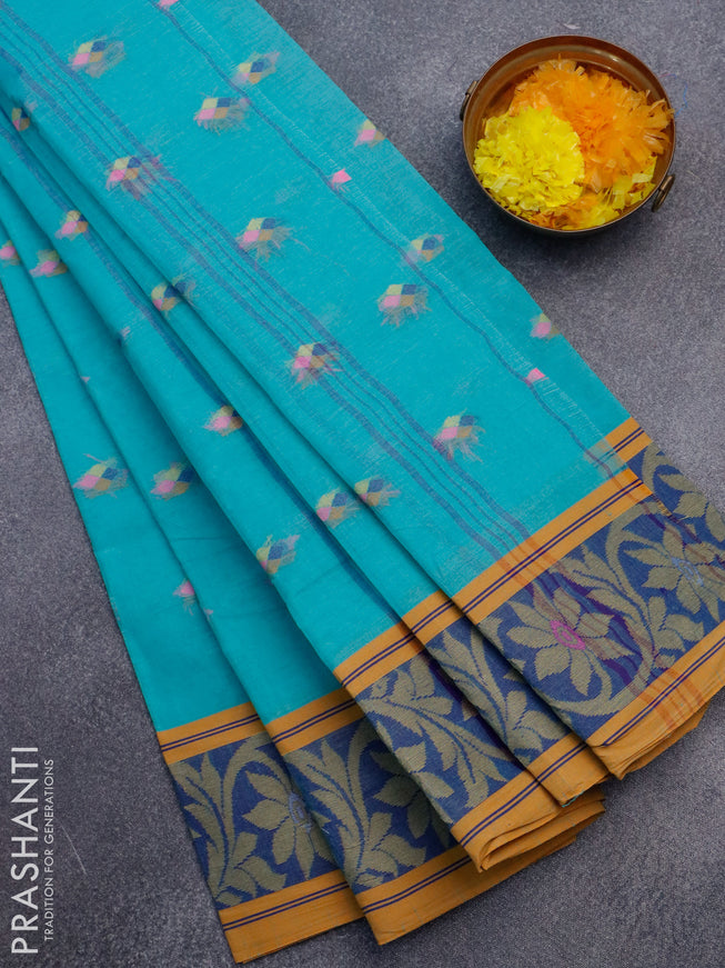 Bengal cotton saree teal blue and yellow with thread woven buttas and thread woven border without blouse