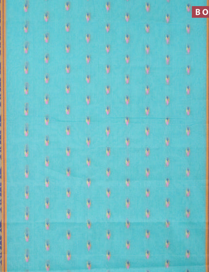 Bengal cotton saree teal blue and yellow with thread woven buttas and thread woven border without blouse