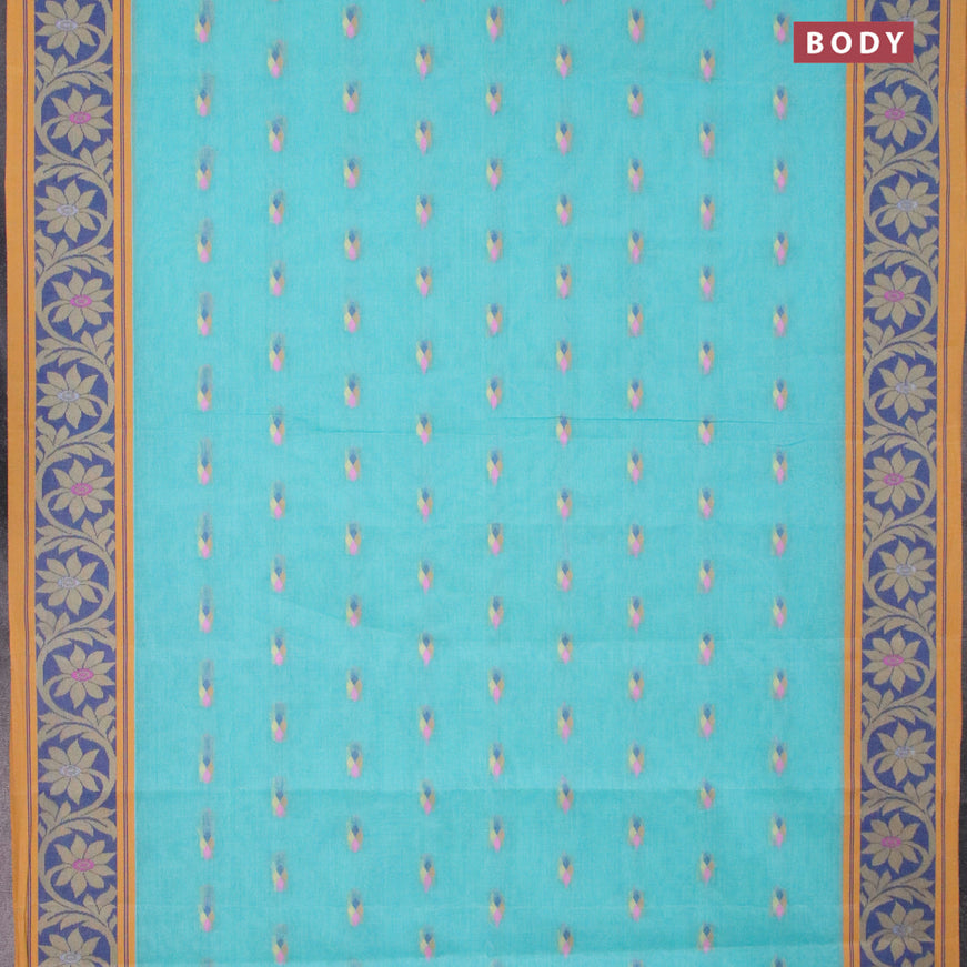 Bengal cotton saree teal blue and yellow with thread woven buttas and thread woven border without blouse