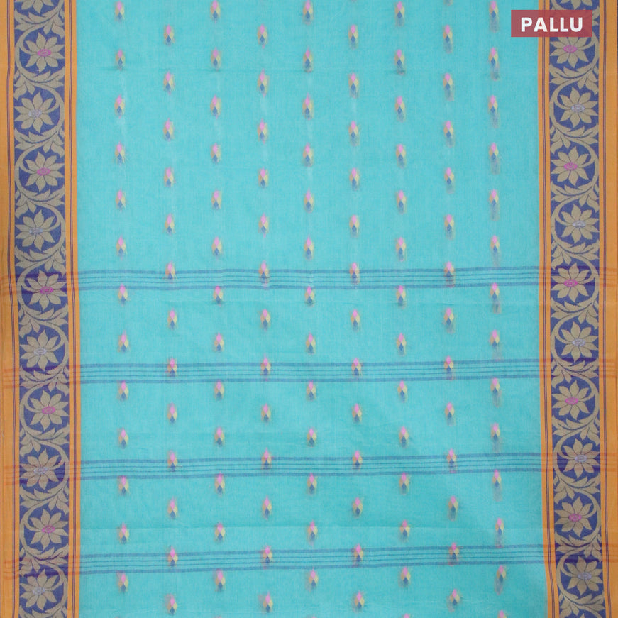 Bengal cotton saree teal blue and yellow with thread woven buttas and thread woven border without blouse