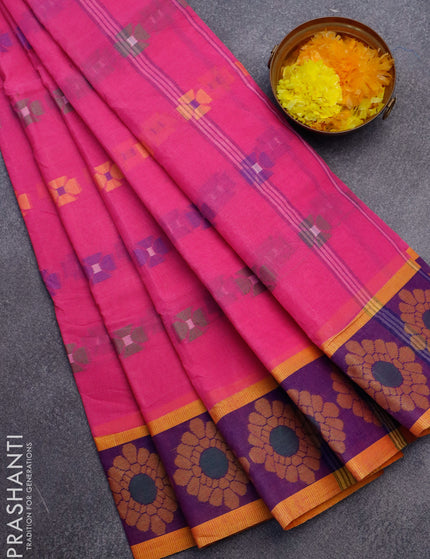 Bengal cotton saree pink and blue with thread woven buttas and thread woven border without blouse