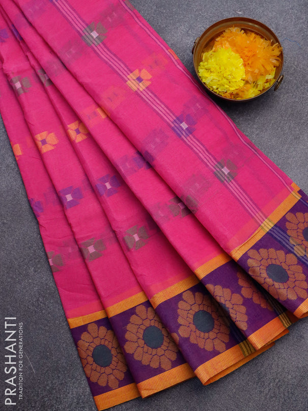 Bengal cotton saree pink and blue with thread woven buttas and thread woven border without blouse