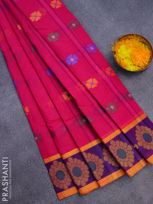 Bengal cotton saree magenta pink and blue with thread woven buttas and thread woven border without blouse