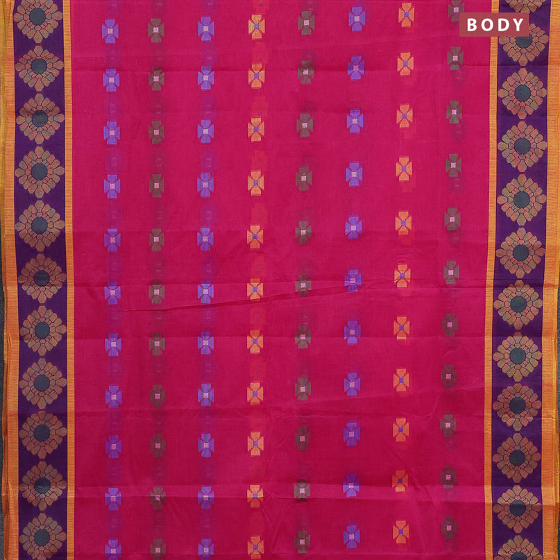 Bengal cotton saree magenta pink and blue with thread woven buttas and thread woven border without blouse