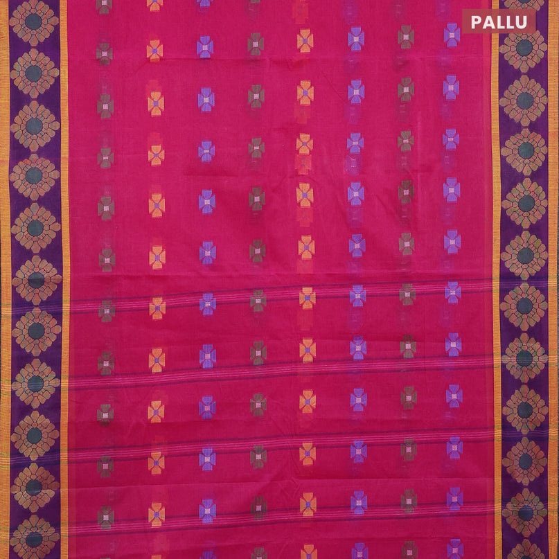 Bengal cotton saree magenta pink and blue with thread woven buttas and thread woven border without blouse