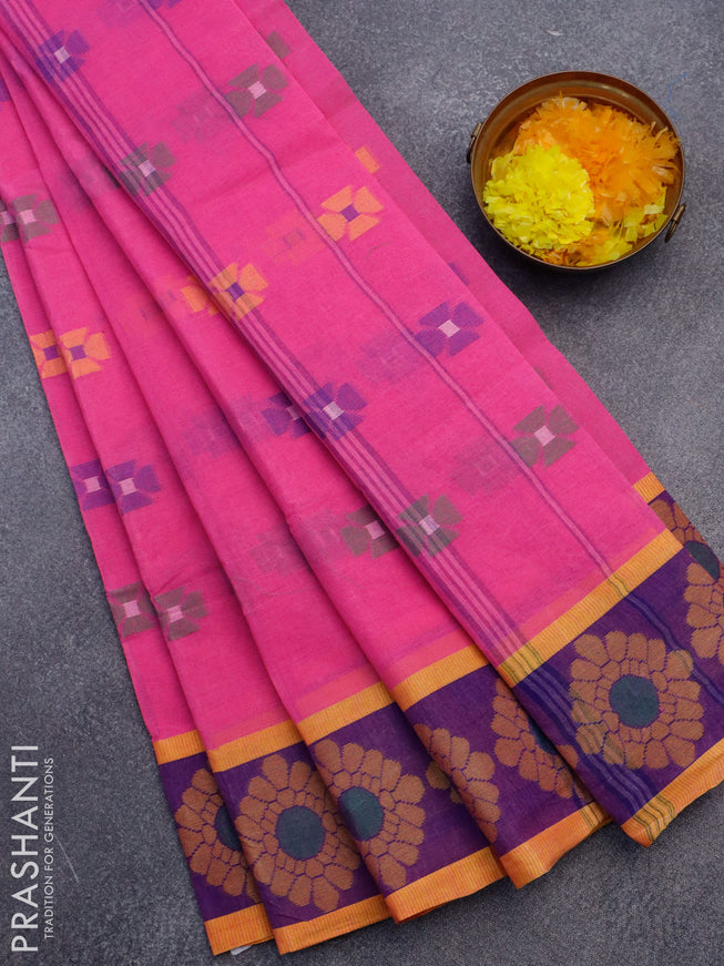 Bengal cotton saree pink and blue with thread woven buttas and thread woven border without blouse