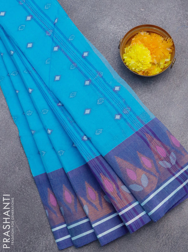 Bengal cotton saree light blue and blue with thread woven buttas and copper zari woven border without blouse