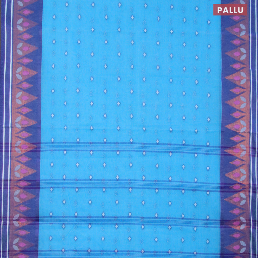 Bengal cotton saree light blue and blue with thread woven buttas and copper zari woven border without blouse