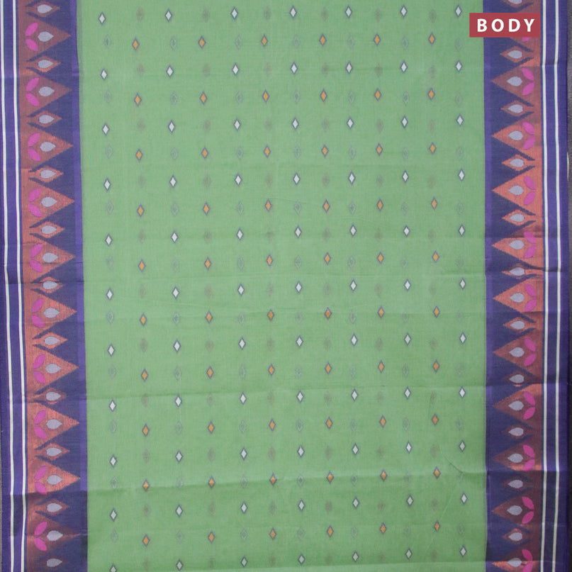 Bengal cotton saree green shade and blue with thread woven buttas and copper zari woven border without blouse