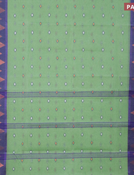 Bengal cotton saree green shade and blue with thread woven buttas and copper zari woven border without blouse