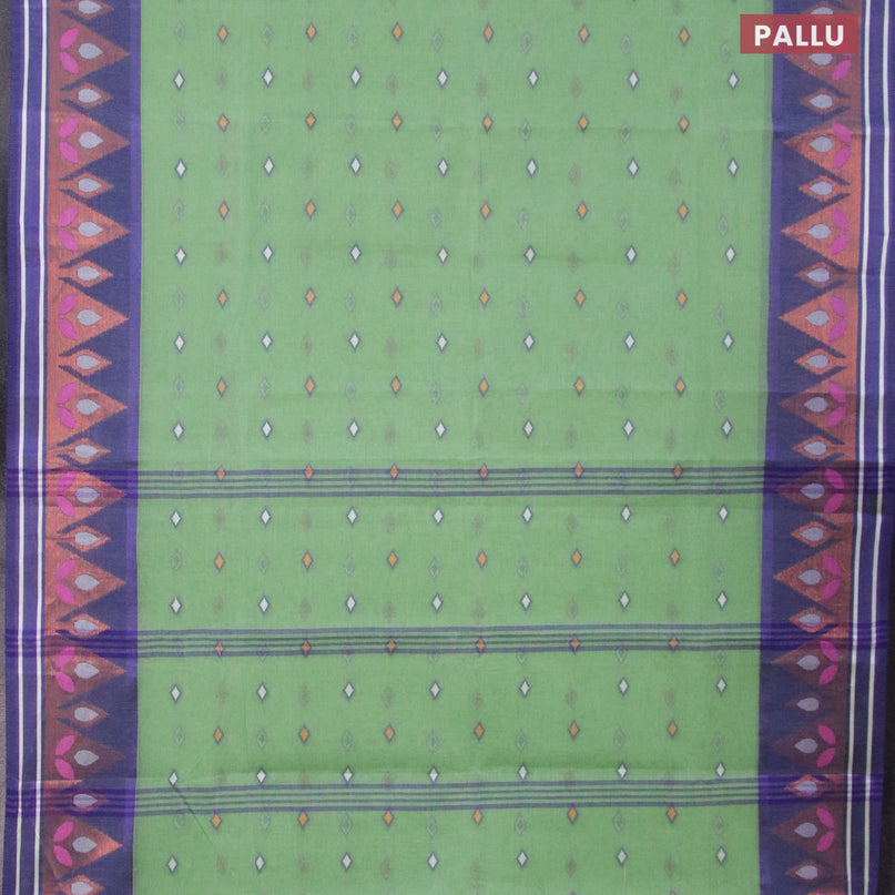 Bengal cotton saree green shade and blue with thread woven buttas and copper zari woven border without blouse