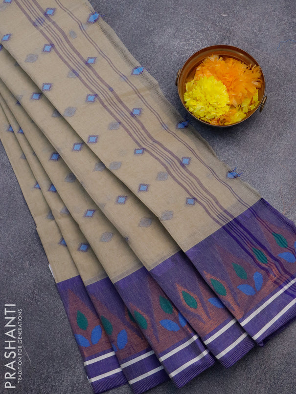 Bengal cotton saree beige and blue with thread woven buttas and copper zari woven border without blouse