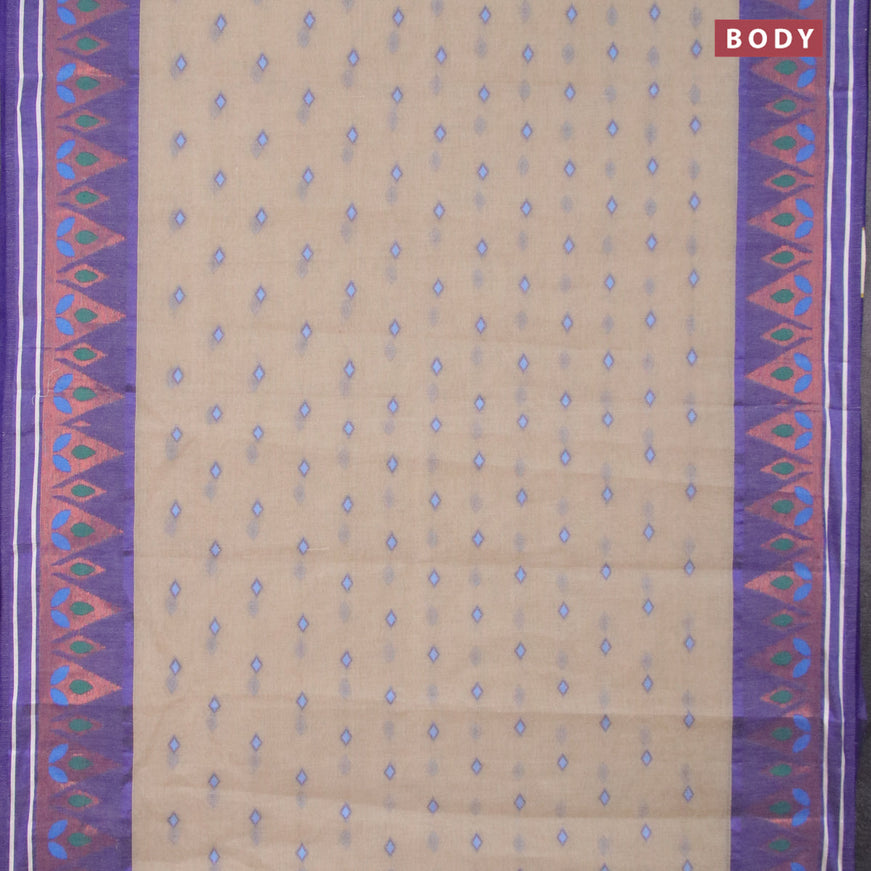 Bengal cotton saree beige and blue with thread woven buttas and copper zari woven border without blouse